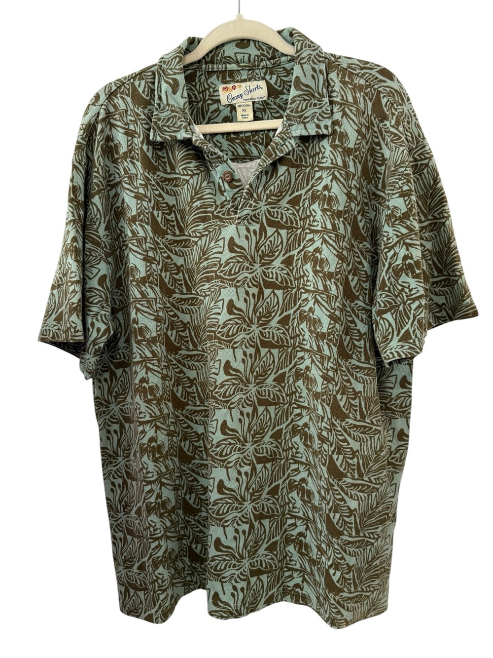 Crazy Shirts Hawaiian Polo Shirt XL Brown Blue Floral Tropical Cotton Men’s